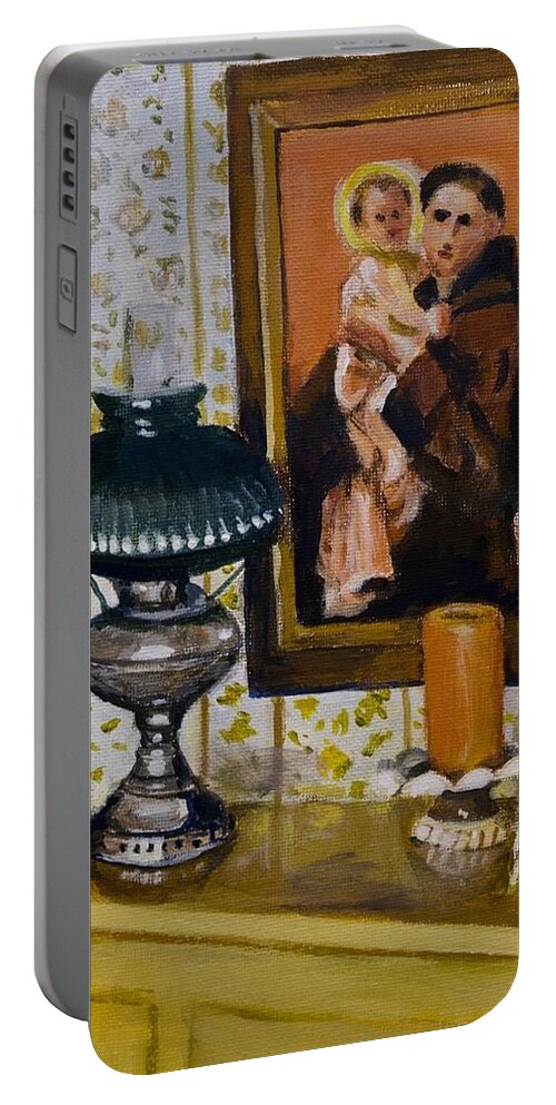 Waltmaes Portable Battery Charger featuring the painting Mom's Dresser by Walt Maes