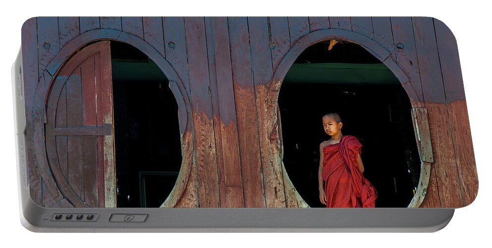 Monk Portable Battery Charger featuring the photograph Monk at Shwe Yan Pyay Monastery by Arj Munoz