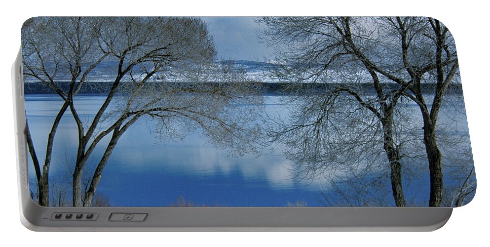 Mono Lake Portable Battery Charger featuring the photograph Mono Lake - Snow Cloud Reflections - Tree Silhouettes by Bonnie Colgan