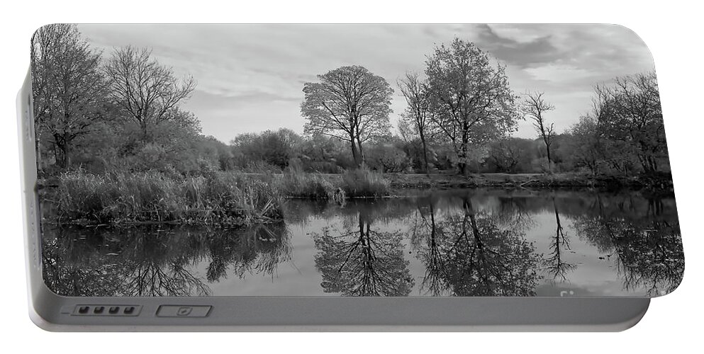 Lake Portable Battery Charger featuring the photograph Monochrome lake in Alkington Woods, UK by Pics By Tony