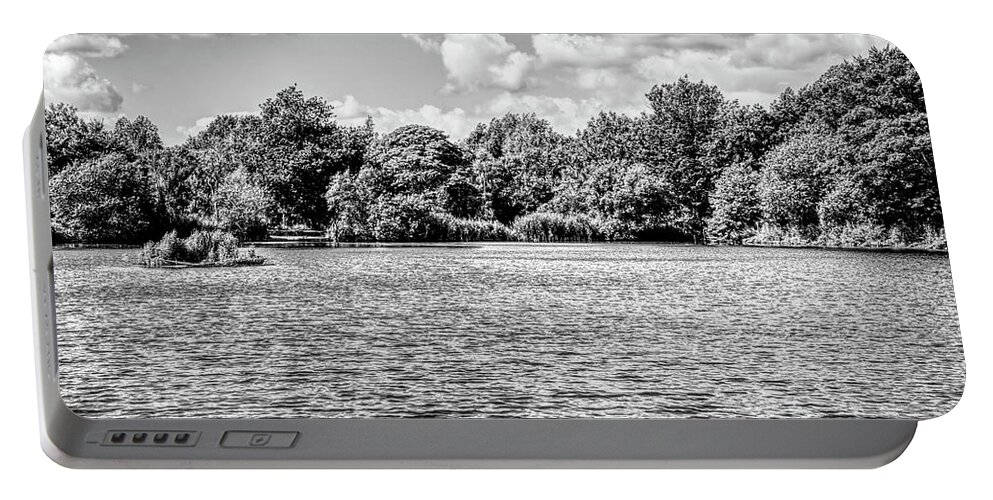 Monochrome Portable Battery Charger featuring the photograph Monochrome of clouds over Alkington Woods fishing lake by Pics By Tony