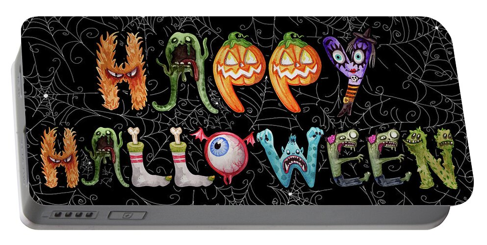Halloween Portable Battery Charger featuring the digital art Monster Funny Halloween Typography by Doreen Erhardt
