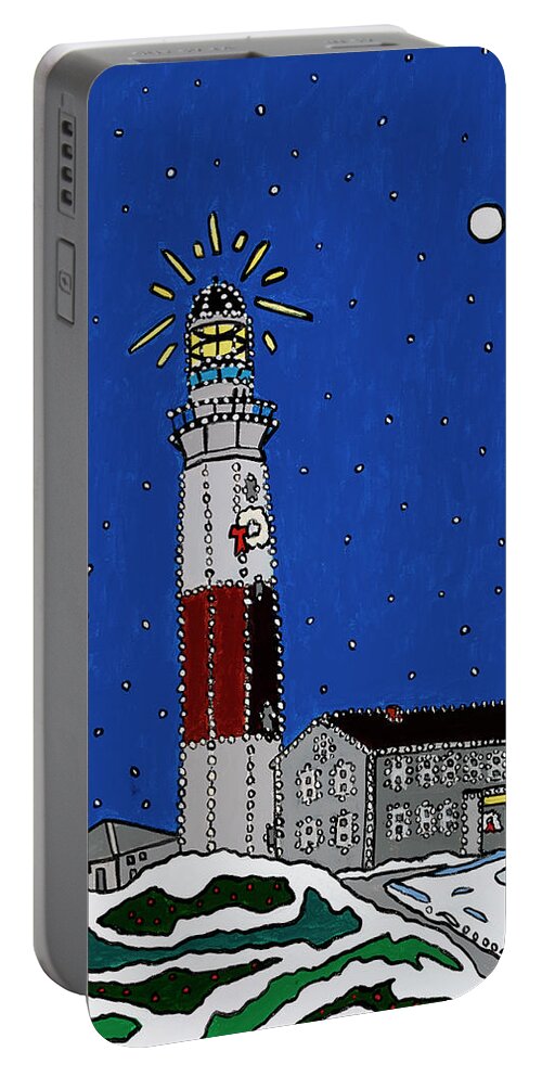 Montauk Lighthouse Christmas Portable Battery Charger featuring the painting Montauk Christmas Lights by Mike Stanko