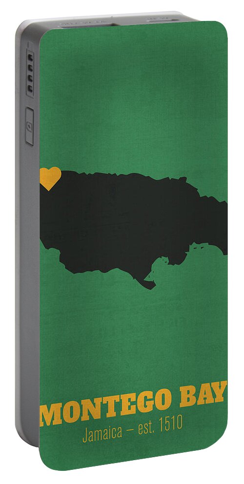 Montego Bay Portable Battery Charger featuring the mixed media Montego Bay Jamaica Founded 1510 World Cities Heart Print by Design Turnpike