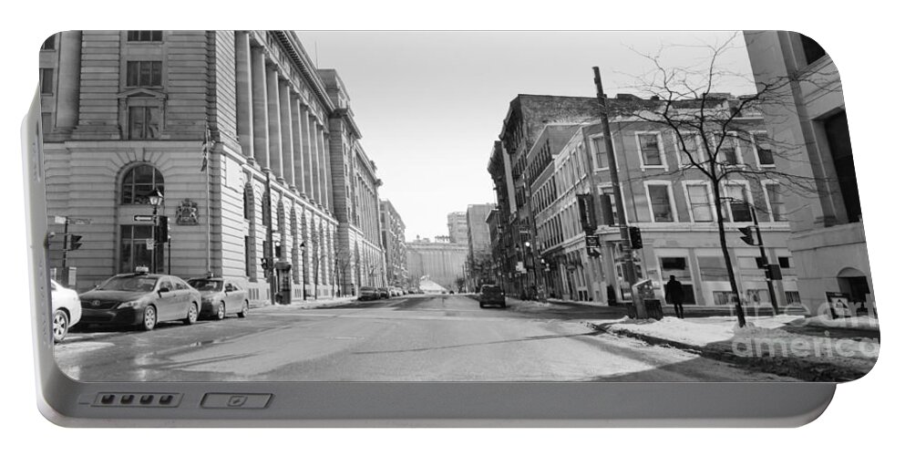 Black And White Photography Portable Battery Charger featuring the photograph Montreal Street Photo 11 by Reb Frost