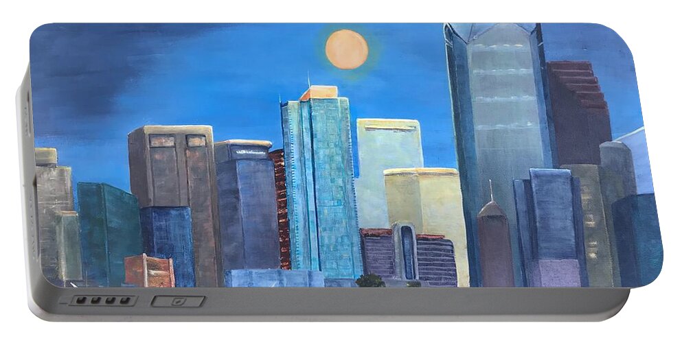 City Portable Battery Charger featuring the painting Moon and Skyline by Deborah Naves