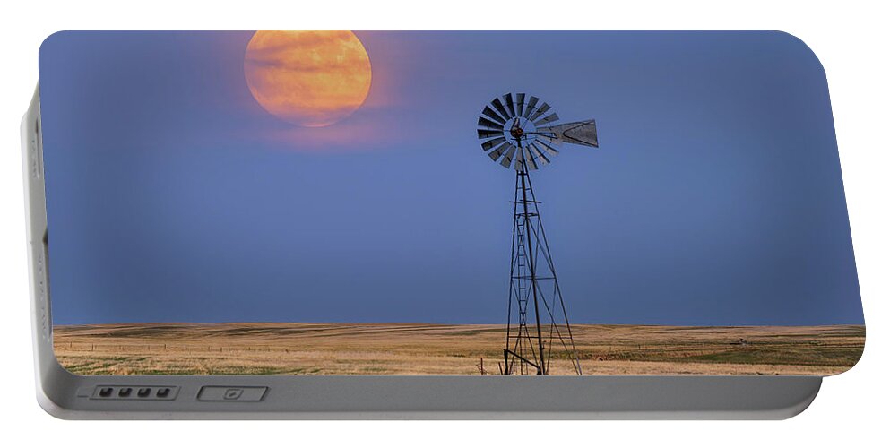 Full Moon Portable Battery Charger featuring the photograph Moon and Windmill Twilight by Darren White