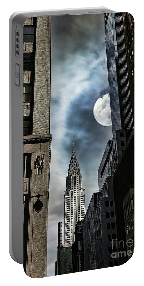 Ny Portable Battery Charger featuring the photograph Moon Chrysler Building NYC by Chuck Kuhn