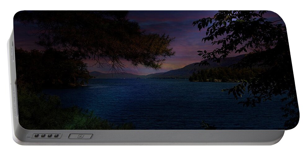 Moon Portable Battery Charger featuring the photograph Moon Glow Over Lake by Russel Considine