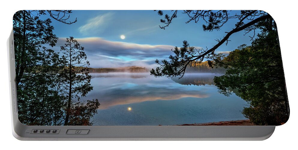 Sunrise Portable Battery Charger featuring the photograph Moon Over Baxter 34a2856 by Greg Hartford