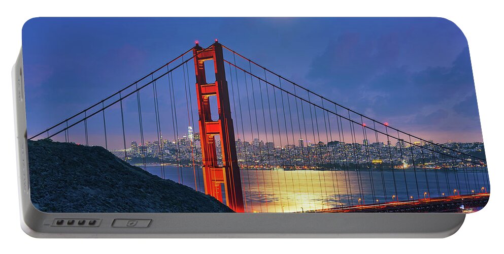 Night Portable Battery Charger featuring the photograph Moon Over The Golden Gate by Beth Sargent