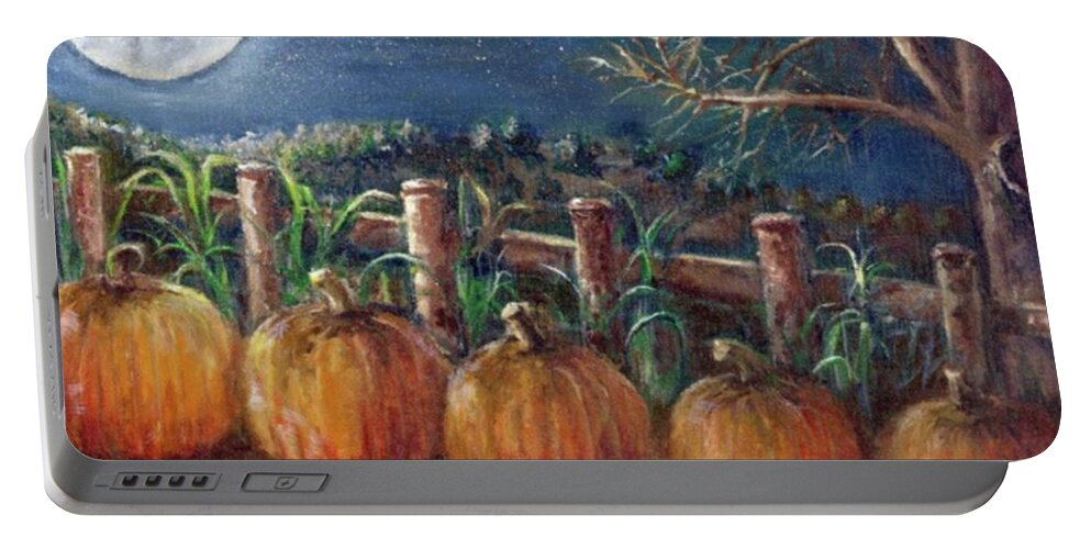 Moon Portable Battery Charger featuring the painting Moon Pumpkin Harvest by Bernadette Krupa