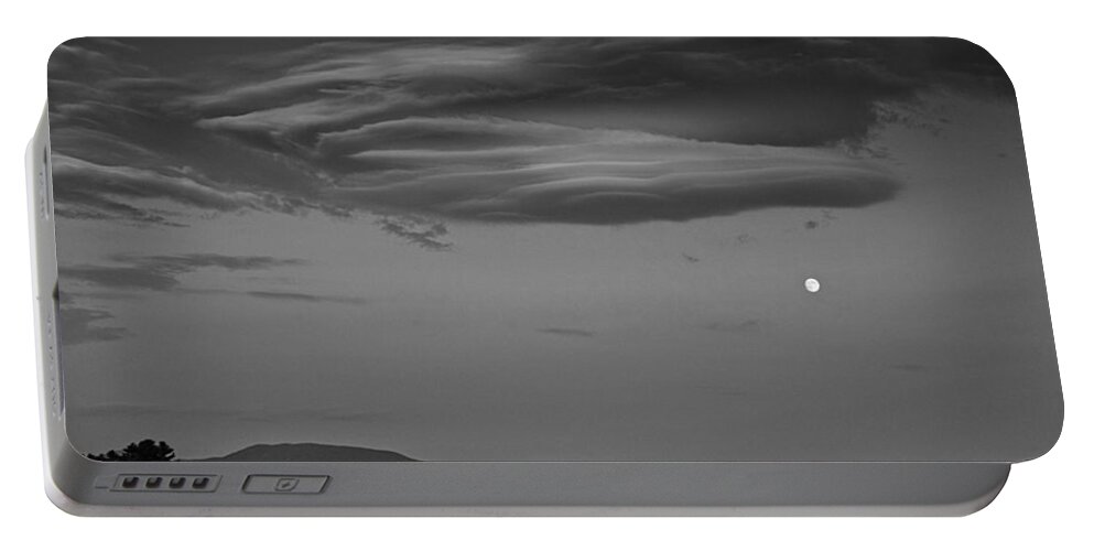 B&w Portable Battery Charger featuring the photograph MoonCloudsLake Black and White by Russel Considine
