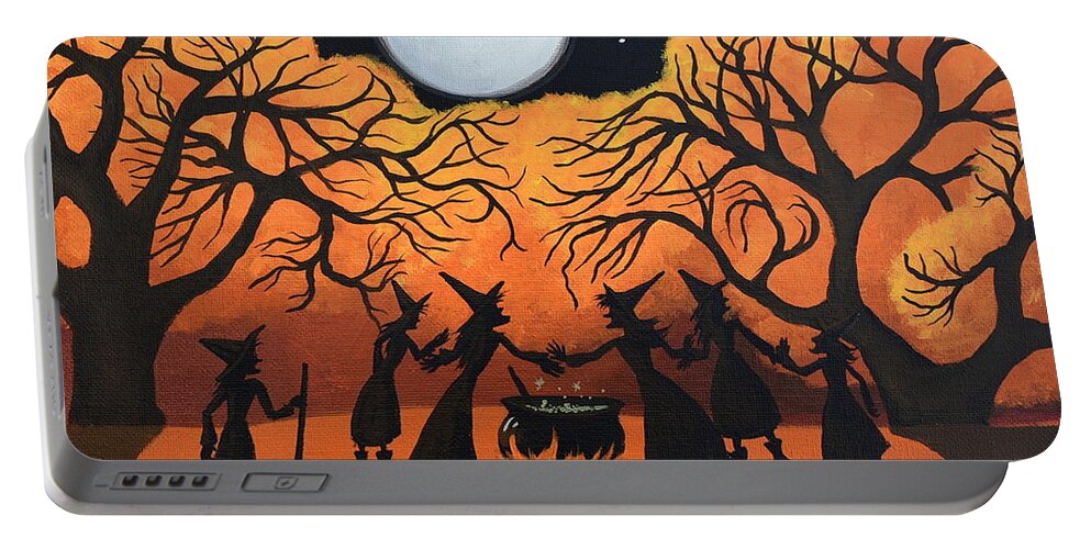 Witch Portable Battery Charger featuring the painting Moonlight Ritual  witch cat spell by Debbie Criswell