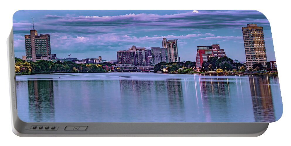 Boston Skyline Portable Battery Charger featuring the photograph Moonrise Over The Charles River and Boston University Skyline Panorama by Gregory Ballos