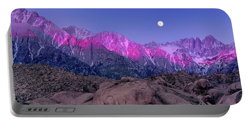 Moon Portable Battery Charger featuring the photograph Moonset At Dawn Eastern Sierras Alabama Hills California by Dave Welling