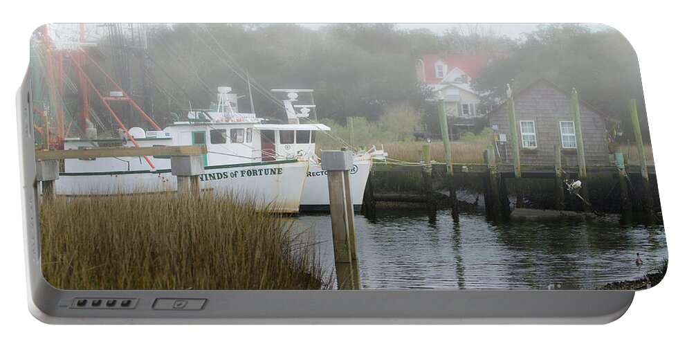 Winds Of Fortune Portable Battery Charger featuring the photograph Morning Fog over Winds of Fortune on Shem Creek by Dale Powell