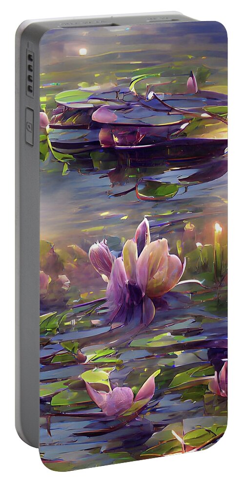 Daybreak Portable Battery Charger featuring the digital art Morning Lilypads by Bonnie Bruno