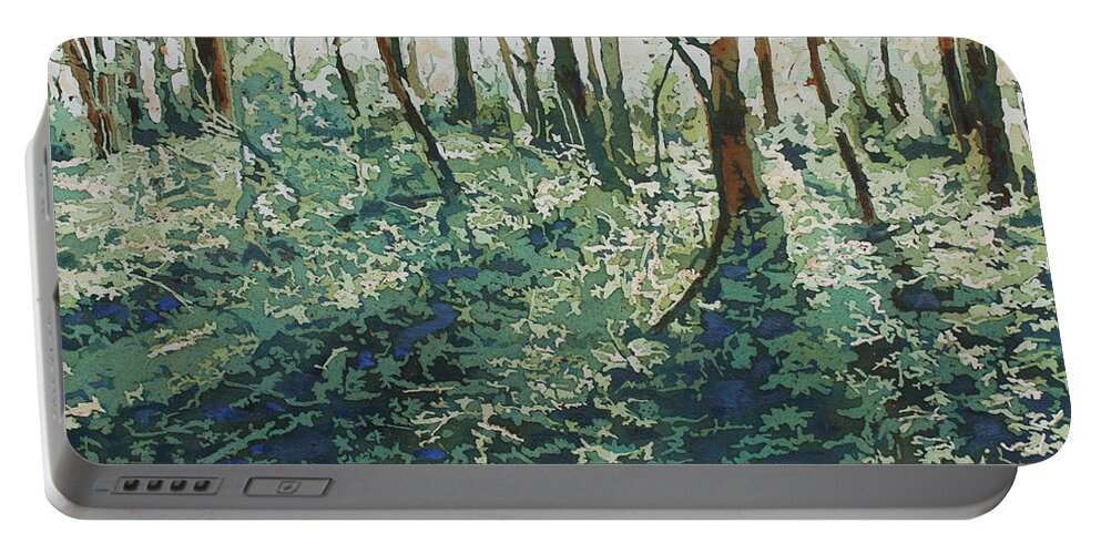Forest Portable Battery Charger featuring the painting Morning Shadows by Jenny Armitage