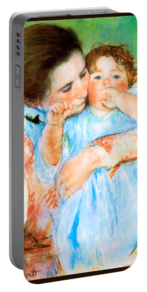 Marycassatt Portable Battery Charger featuring the painting Mother and Child against a Green Background 1887 by Mary Stevenson Cassatt