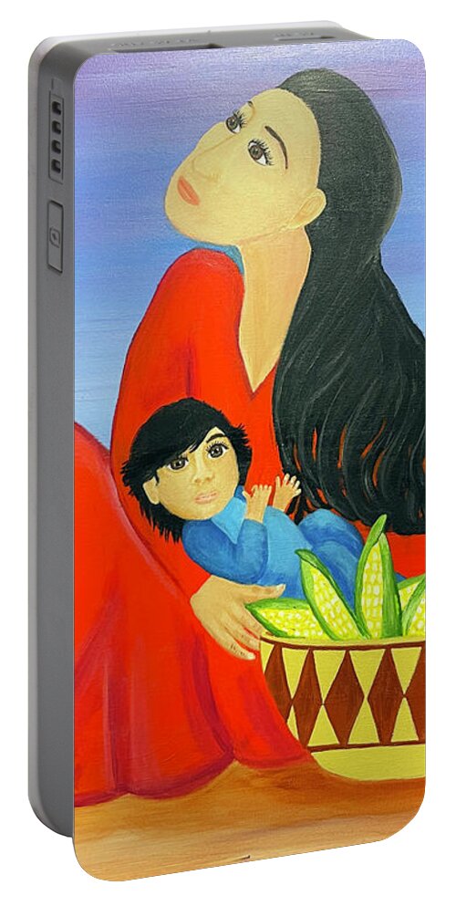 Southwestern Art Portable Battery Charger featuring the painting Mother and Corn by Christina Wedberg