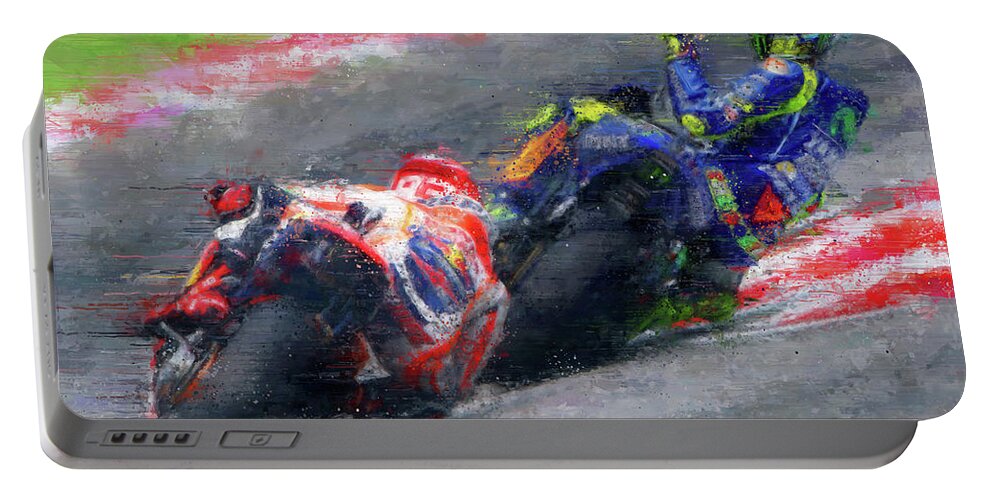 Motorcycle Portable Battery Charger featuring the painting MOTO GP Rossi vs Marquez by Vart by Vart