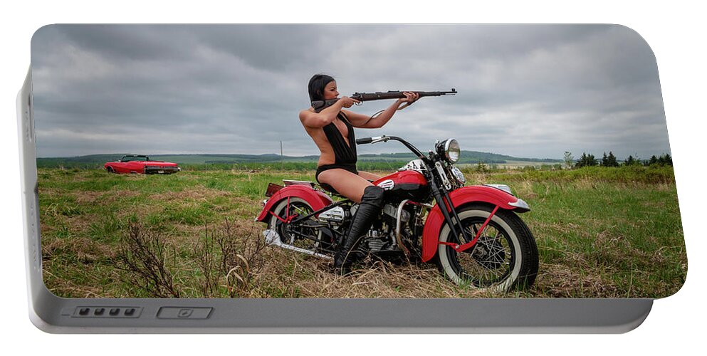 Motorcycle Portable Battery Charger featuring the photograph Motorcycle Babe by Bill Cubitt