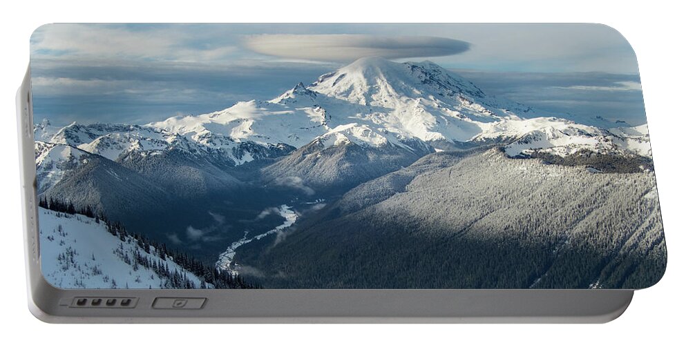 Mount Rainier Portable Battery Charger featuring the photograph Mount Rainier with Lenticular Cloud and White River Valley by Nancy Gleason