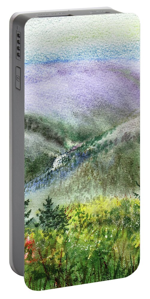 Hills Portable Battery Charger featuring the painting Mountain Creek Between Rolling Hills And Pine Forest by Irina Sztukowski