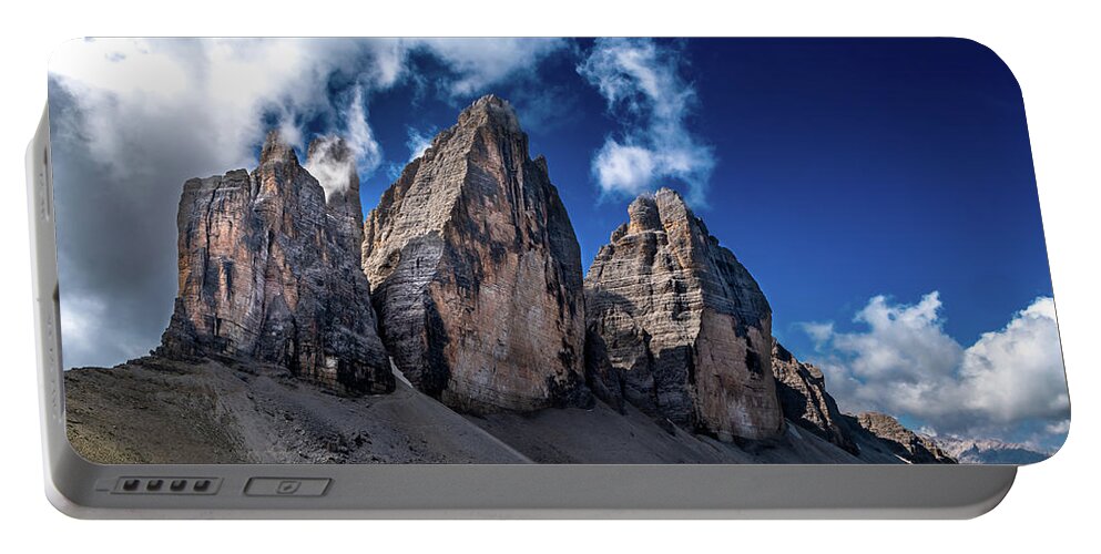 Alpine Portable Battery Charger featuring the photograph Mountain Formation Tre Cime Di Lavaredo In The Dolomites Of South Tirol In Italy by Andreas Berthold