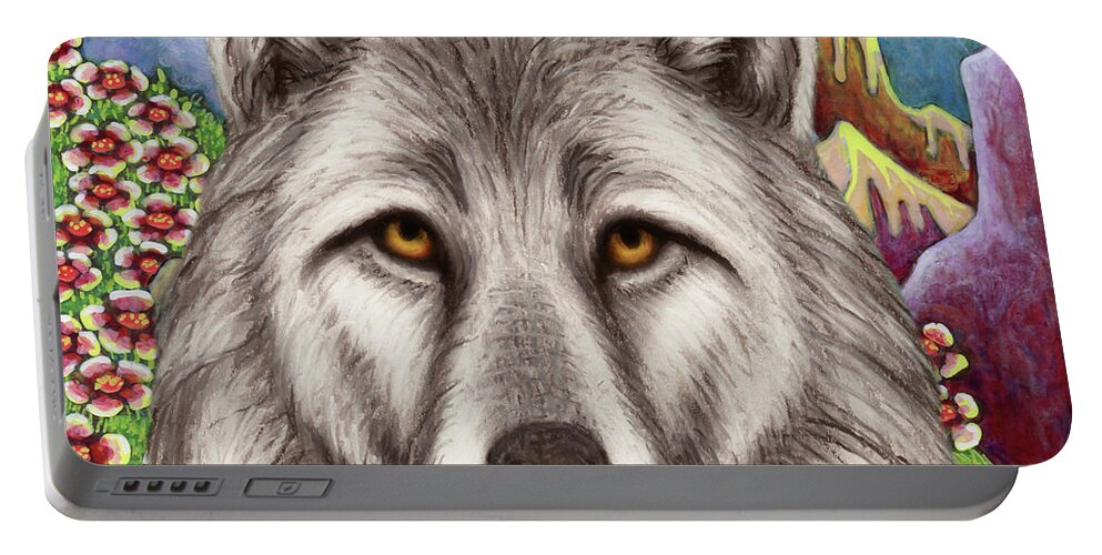 Wolf Portable Battery Charger featuring the painting Mountain Meadow Wolf by Amy E Fraser