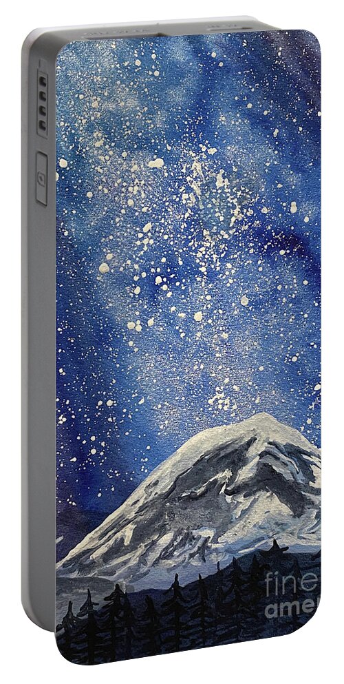 Mount Rainier Portable Battery Charger featuring the painting Mountain with Night Sky by Lisa Neuman