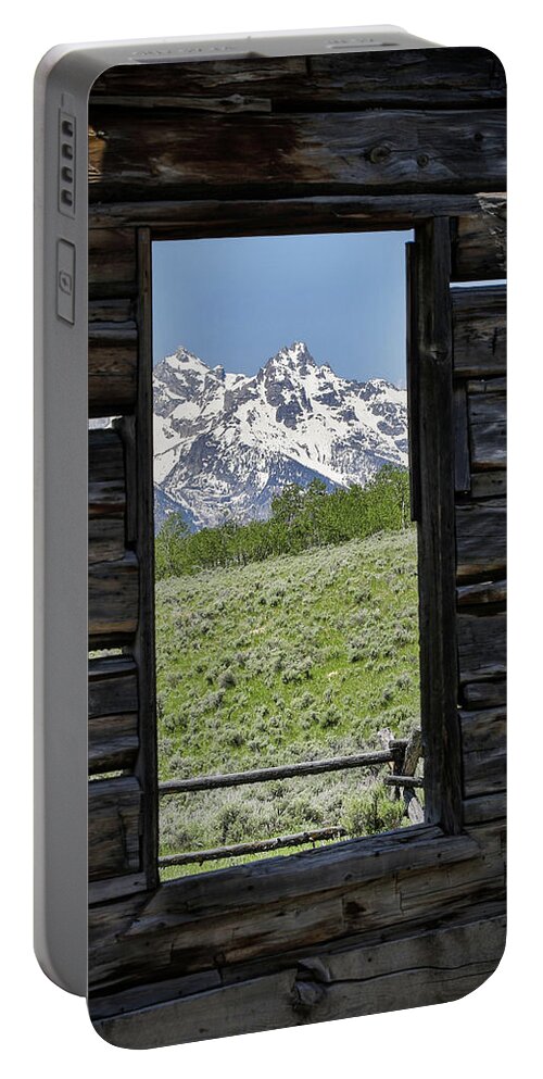 Barn Window Mountain View Portable Battery Charger featuring the photograph Mountains Through Cabin Window by Dan Sproul