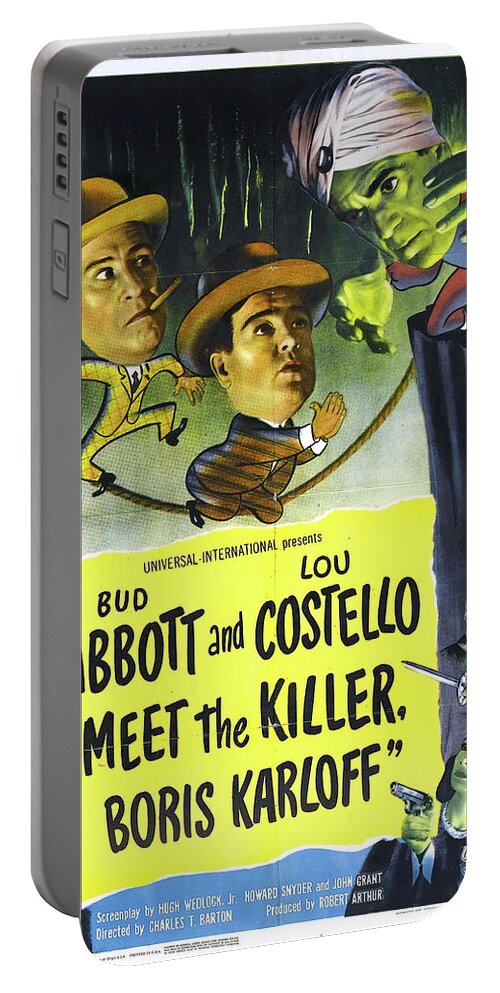 Abbott Portable Battery Charger featuring the mixed media ''Abbott and Costello Meet the Killer, Boris Karloff'', 1949 by Movie World Posters