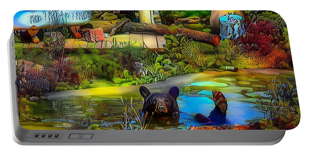 Bear Portable Battery Charger featuring the mixed media Mr. Bear Waves 'Hello' by Debra Kewley