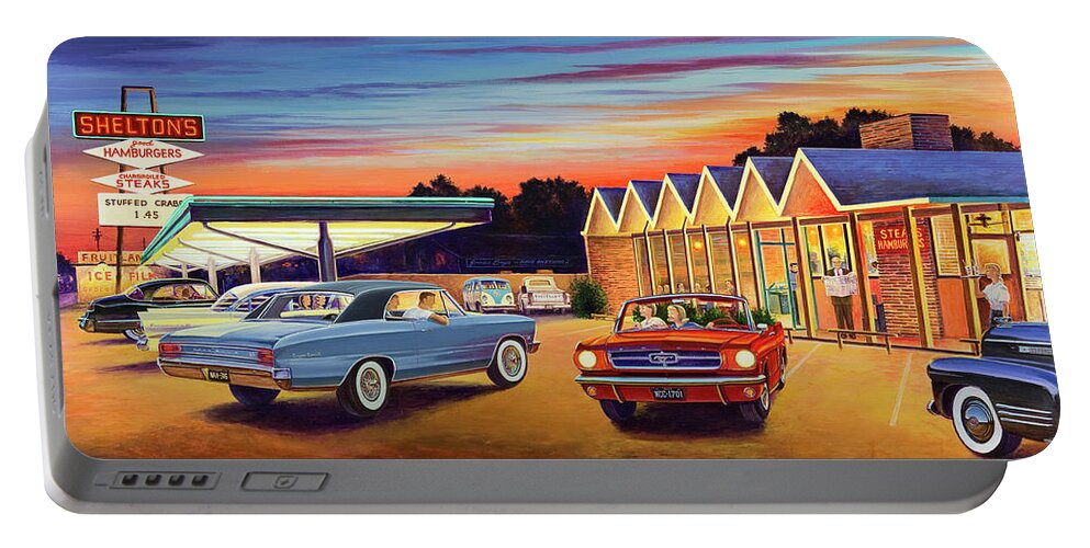Mustang Portable Battery Charger featuring the painting Mustang Sally - Shelton's Diner 2 by Randy Welborn