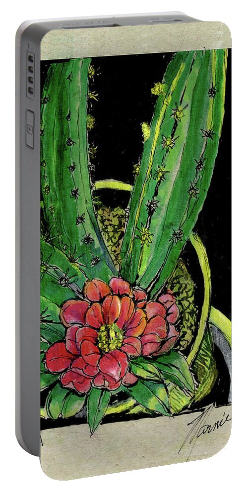 Flowers Portable Battery Charger featuring the drawing My Cactus by Marnie Clark