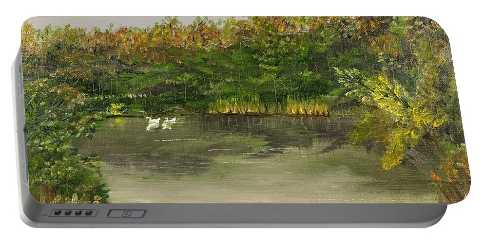 Peaceful Portable Battery Charger featuring the painting Mystery Pond by Monika Shepherdson