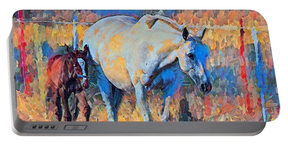 Horse Portable Battery Charger featuring the mixed media Narla And Her Foal Evie by Joan Stratton