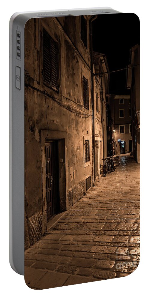 Accommodation Portable Battery Charger featuring the photograph Narrow Alley With Old Houses In The Village Fazana In Croatia by Andreas Berthold