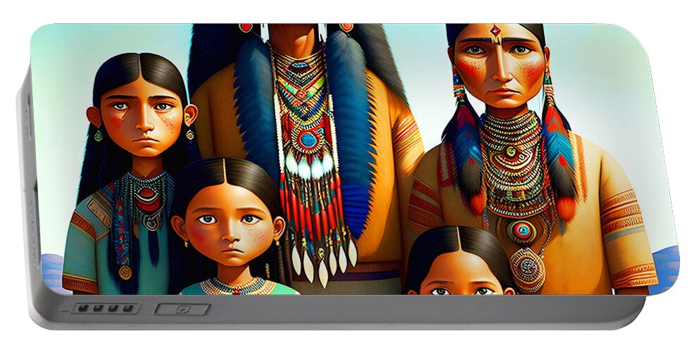 Wingsdomain Portable Battery Charger featuring the mixed media Native American Family Portrait 20230313b by Wingsdomain Art and Photography