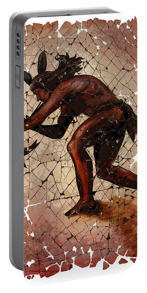 Kokopelli Portable Battery Charger featuring the painting Flute player Kokopelli, Modern Art Design Broken Fresco by Lena Owens - OLena Art Vibrant Palette Knife and Graphic Design