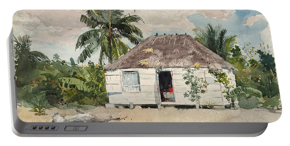 Winslow Homer Portable Battery Charger featuring the drawing Native hut at Nassau by Winslow Homer