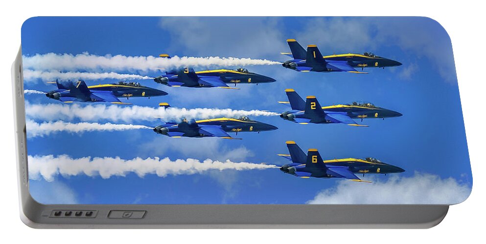 Blue Angels Show Portable Battery Charger featuring the photograph Navy Blue Angels Airshow With Smoke Trails on Cloudy Day by Robert Bellomy