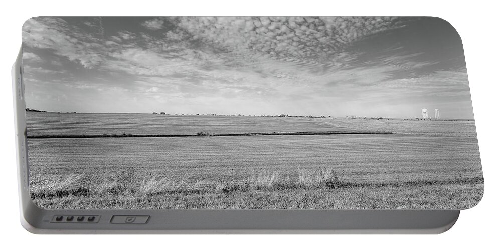 Farm Portable Battery Charger featuring the photograph Nebraska Farm And Honeycomb Clouds Grayscale by Jennifer White