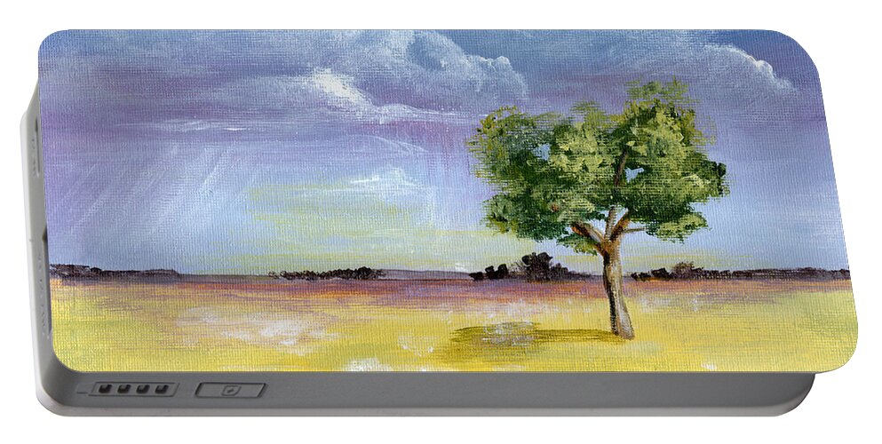 Landscape Portable Battery Charger featuring the painting Nebraska Skies - Sprinkling by Annie Troe