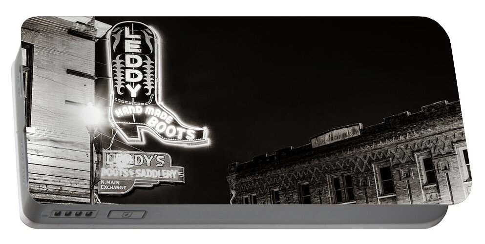 Panorama Portable Battery Charger featuring the photograph Neon Stampede Sepia Panorama - Fort Worth's Soul Shines Brightest In The Stockyards by Gregory Ballos