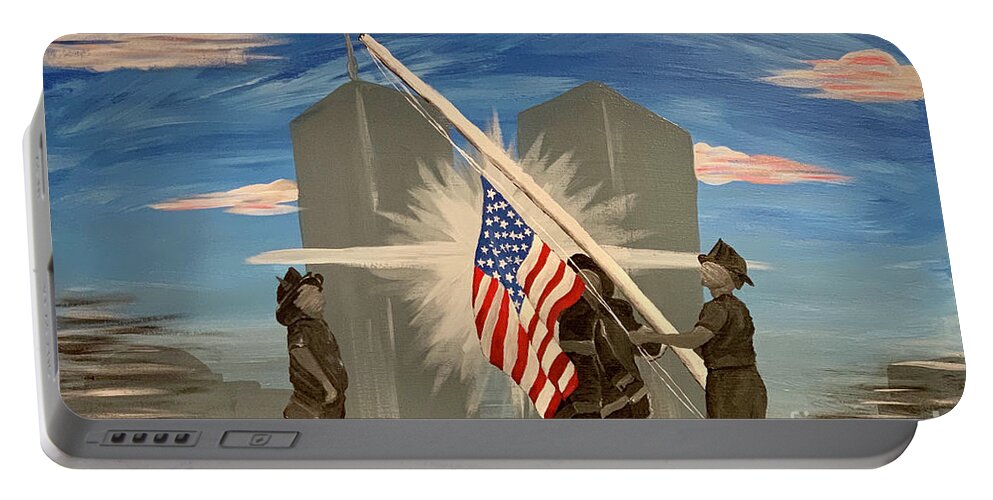 Twin Towers Portable Battery Charger featuring the painting Never Forget 9/11 by Deena Withycombe