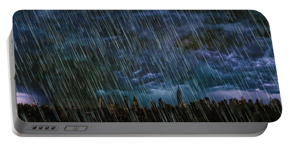 Water Portable Battery Charger featuring the painting New York City Skyline Rain Storm by Tony Rubino