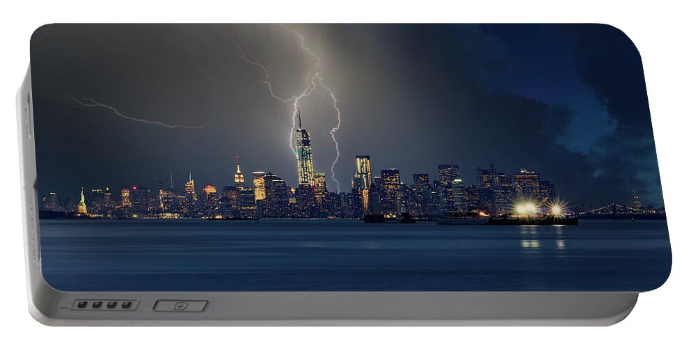 New York City Skyline Portable Battery Charger featuring the photograph New York Is Electric by Jonathan Davison